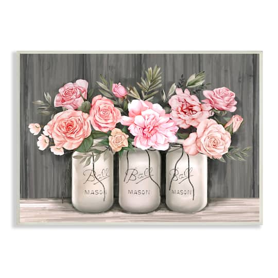 Stupell Industries Blossoming Pink Rose Bouquets Rustic Country Jars Wall Plaque